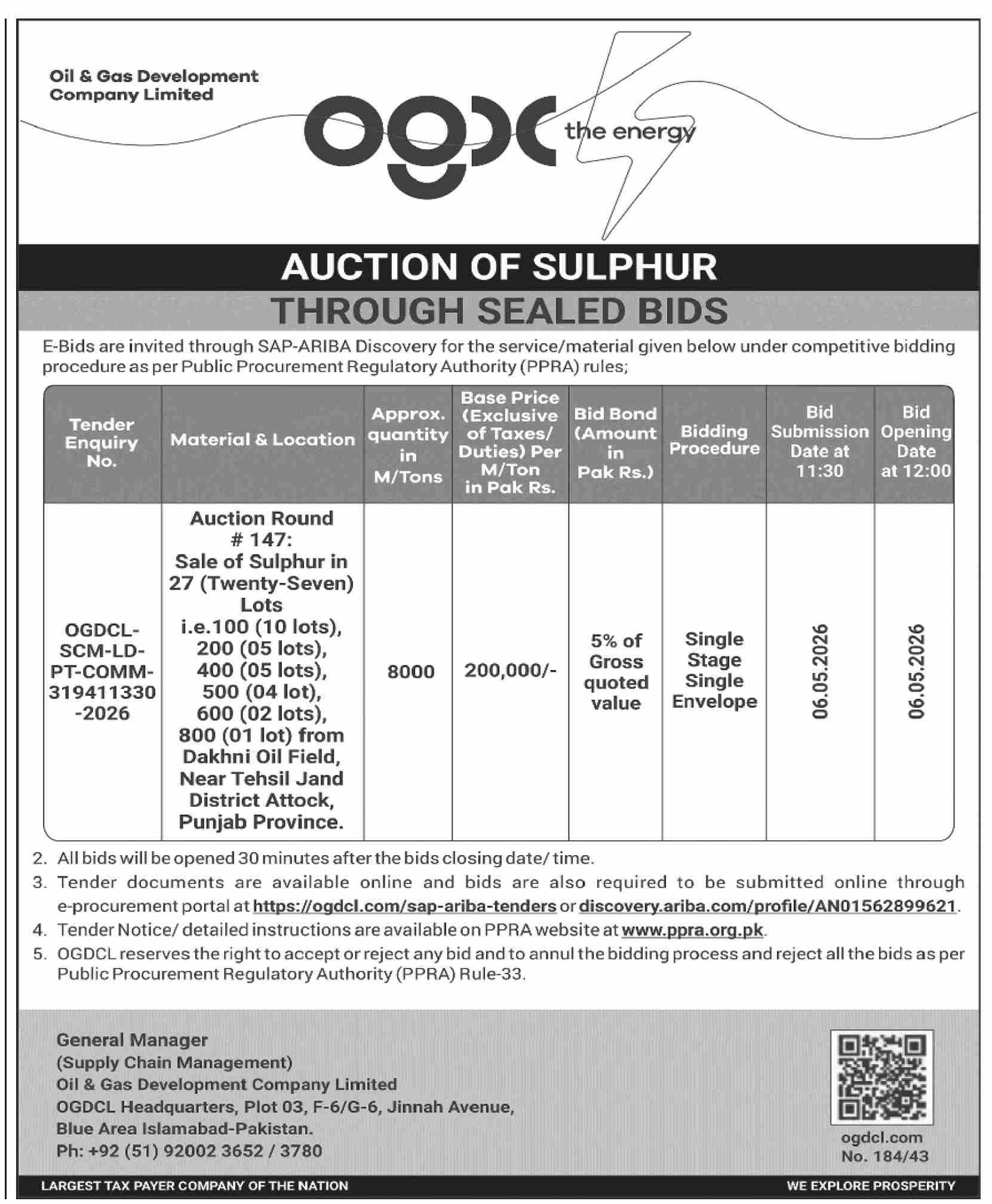 Auction of Sulphur Through Sealed Bids - Auction Round #147 - Oil & Gas Development Company Limited (OGDCL)